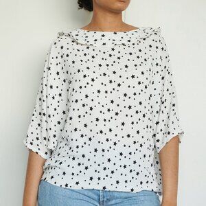 White Flowy Black Star Blouse | Beautiful Airy White Blouse with Black Stars